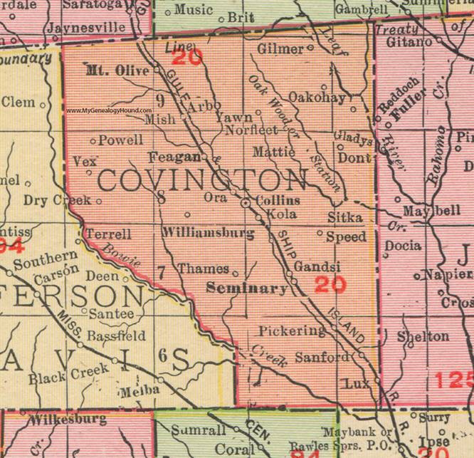Covington County, Mississippi, 1911, Map, Rand McNally, Collins, Mt. Olive,  Seminary